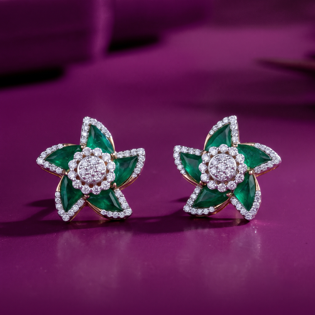 Royal Emerald Star Diamond Stud Earrings