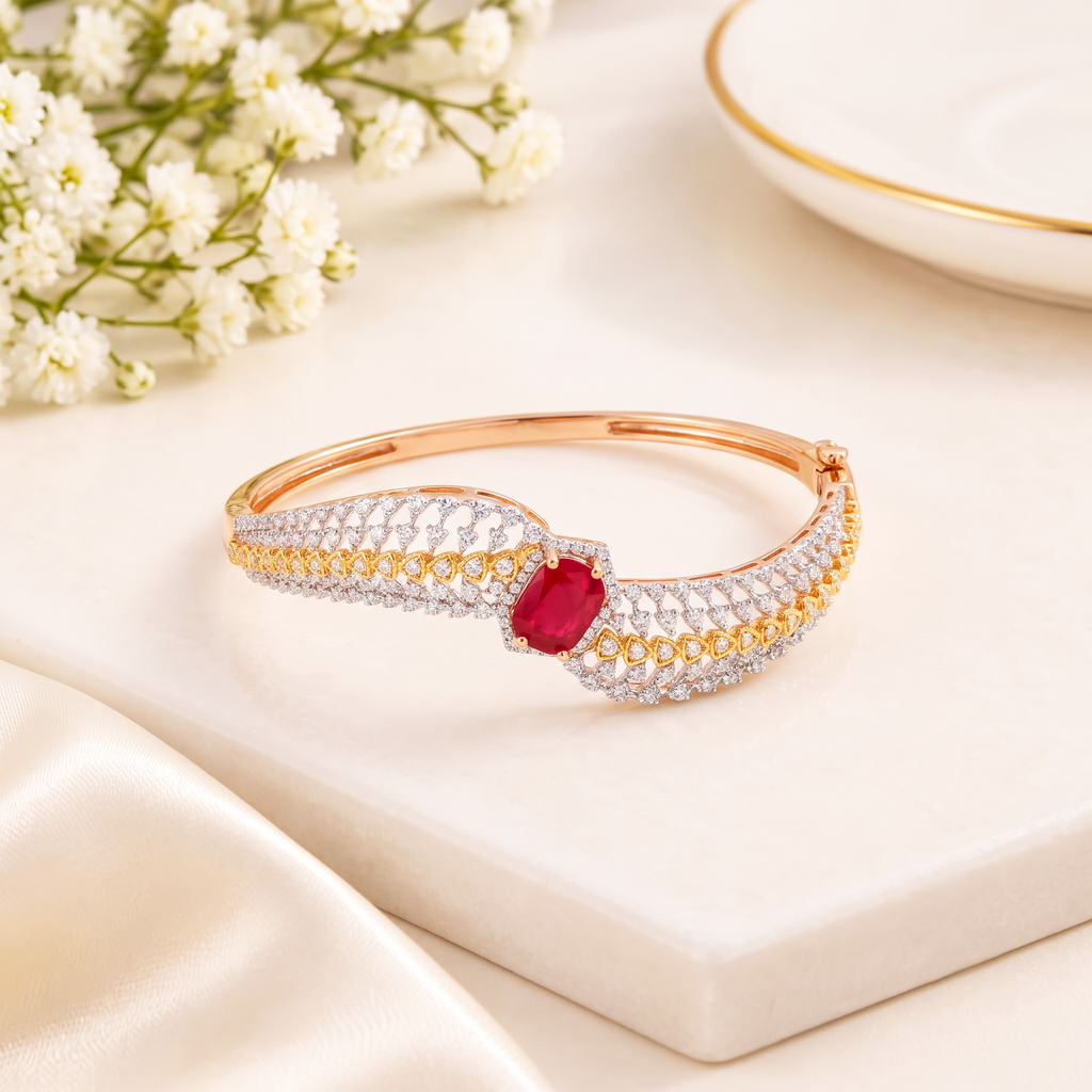 Majestic RED Stone & Natural Diamond Floral Bangle Bracelet