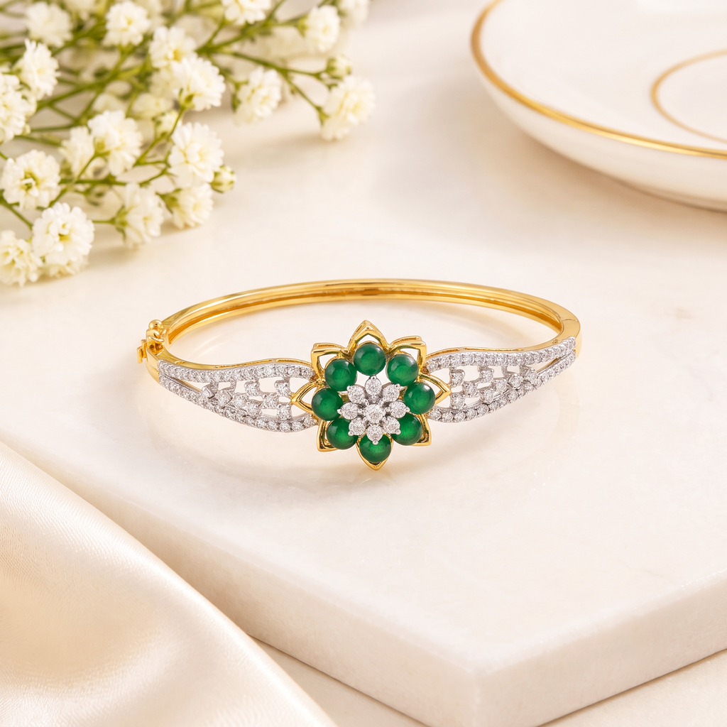 Royal Emerald Green Floral Diamond Kada Bracelet