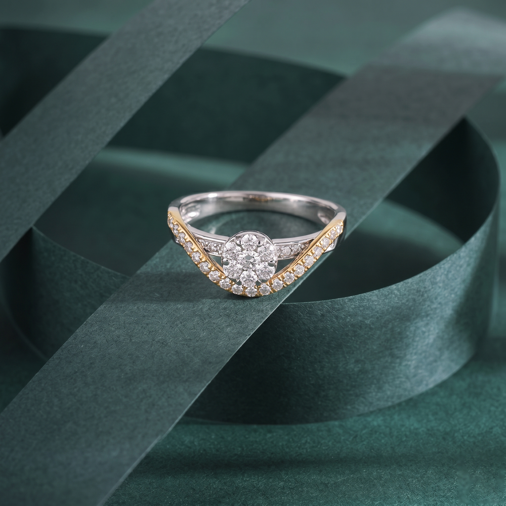 V-Shape Curved Diamond Cluster Ring