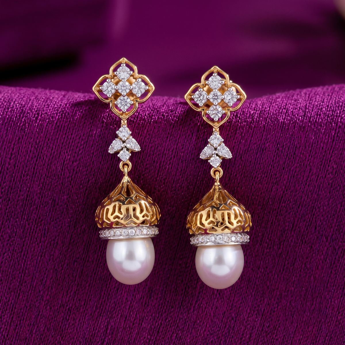 Royal Floral Diamond & Pearl Drop Earrings