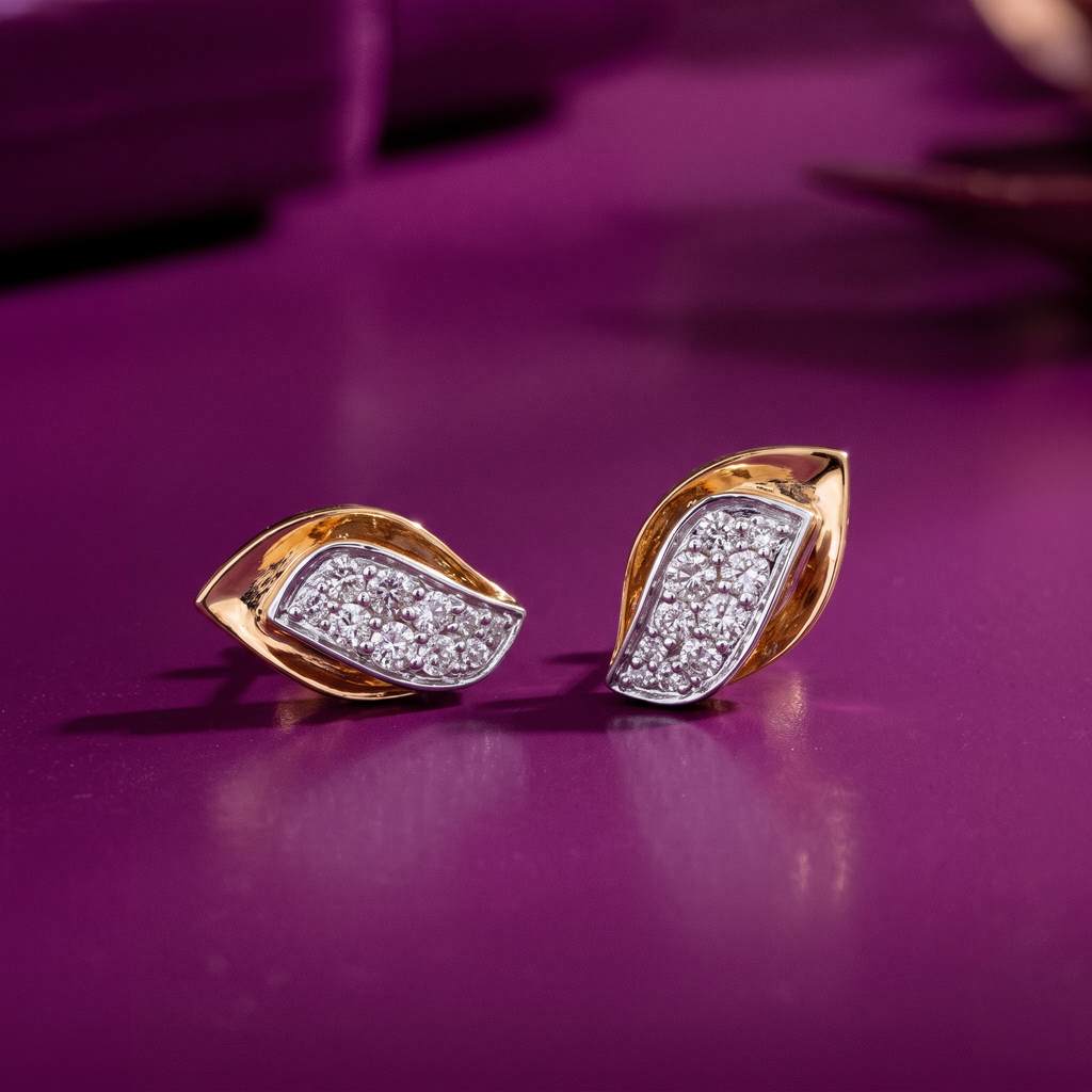 Gold & Diamond Curved Leaf Stud Earrings