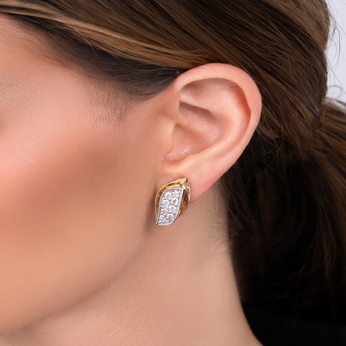 Gold & Diamond Curved Leaf Stud Earrings