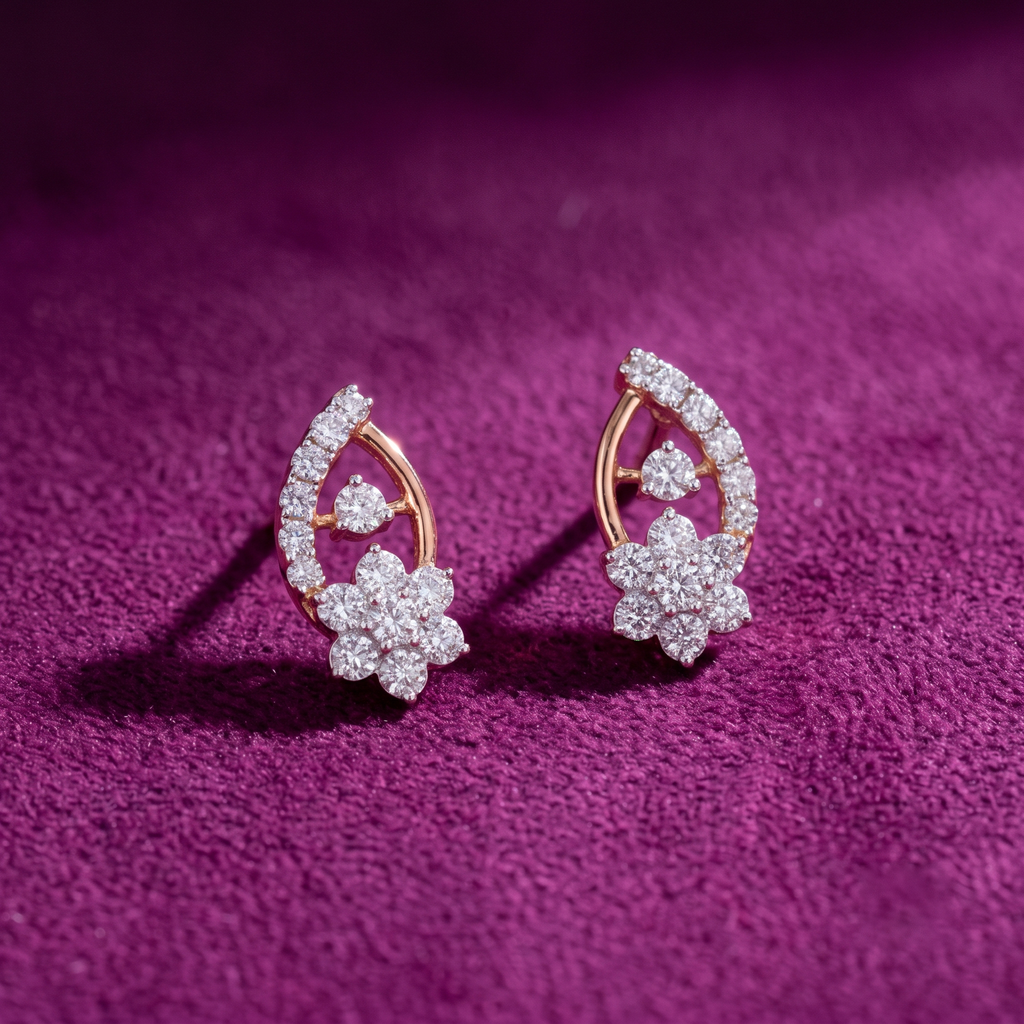 Rose Gold & Diamond Floral Teardrop Earrings