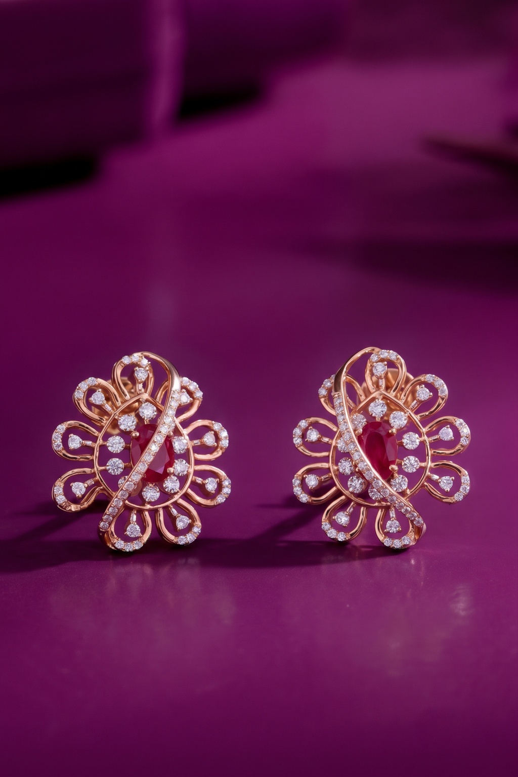 Royal Ruby & Diamond Floral Stud Earrings