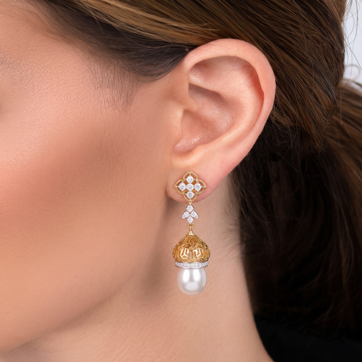 Royal Floral Diamond & Pearl Drop Earrings