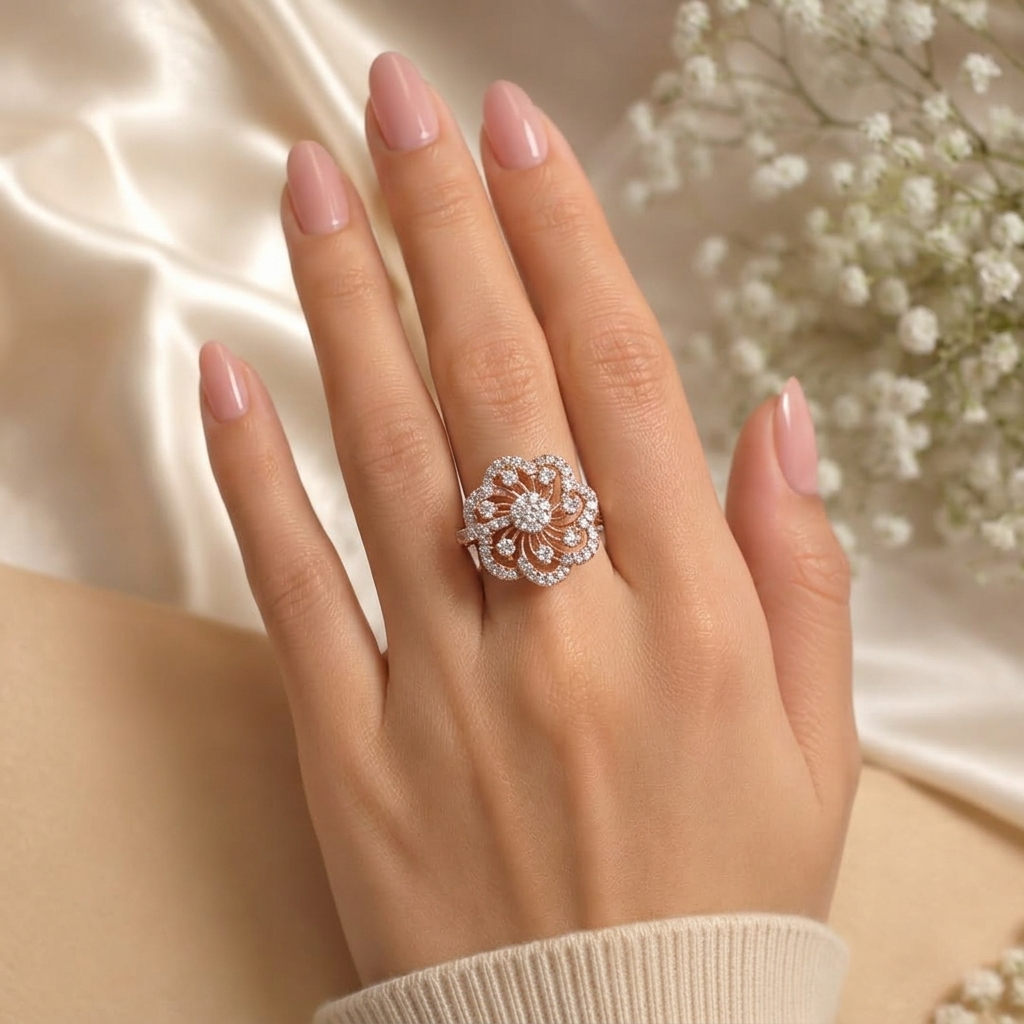 Luxe Floral Motif Rose Gold Diamond Ring