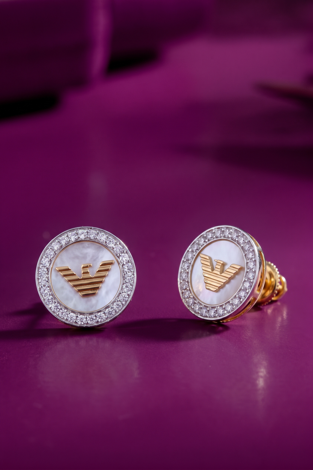 Classic Armani Pearl Dial Earrings with Pave Crystals