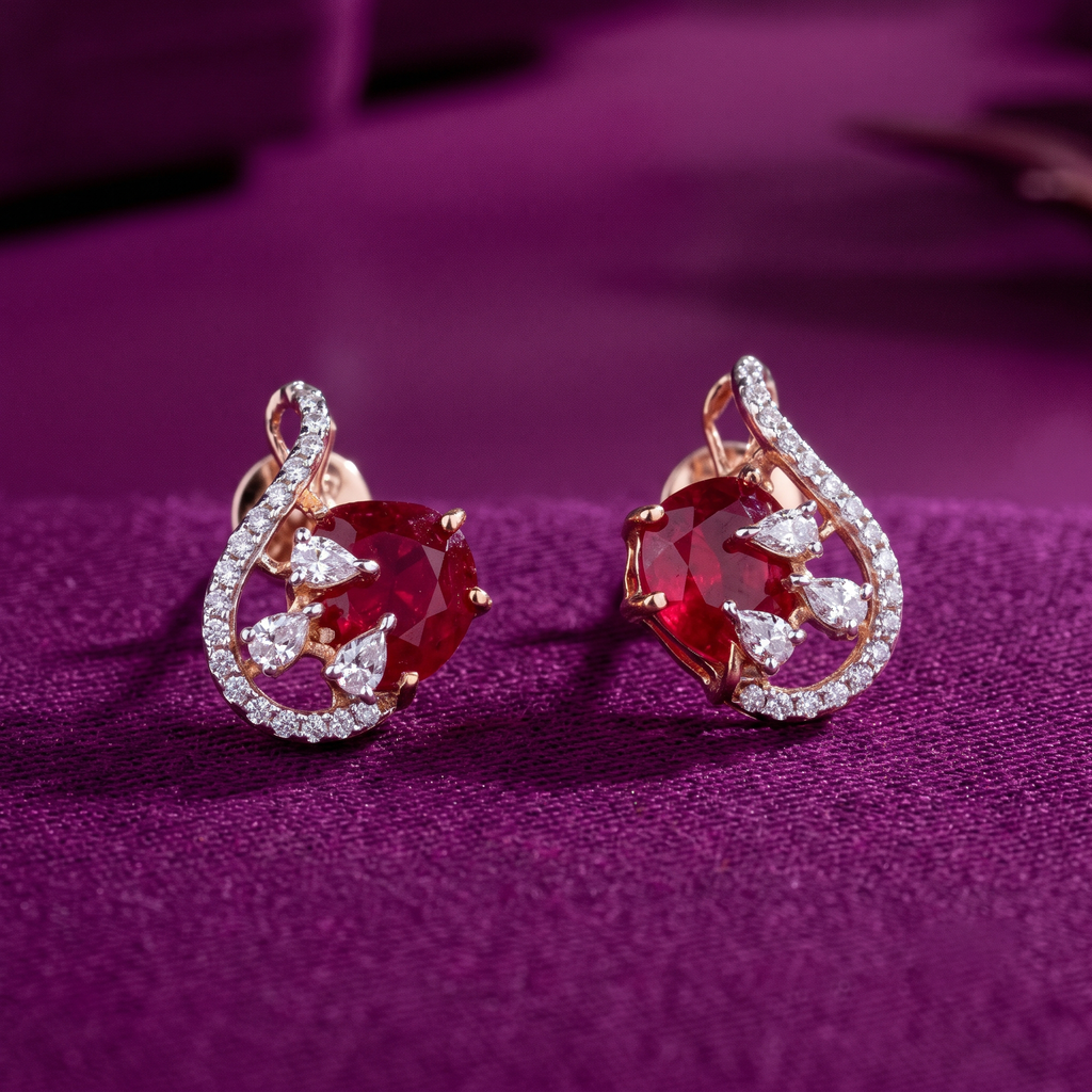 Elegant Ruby Red Diamond Curve Earrings