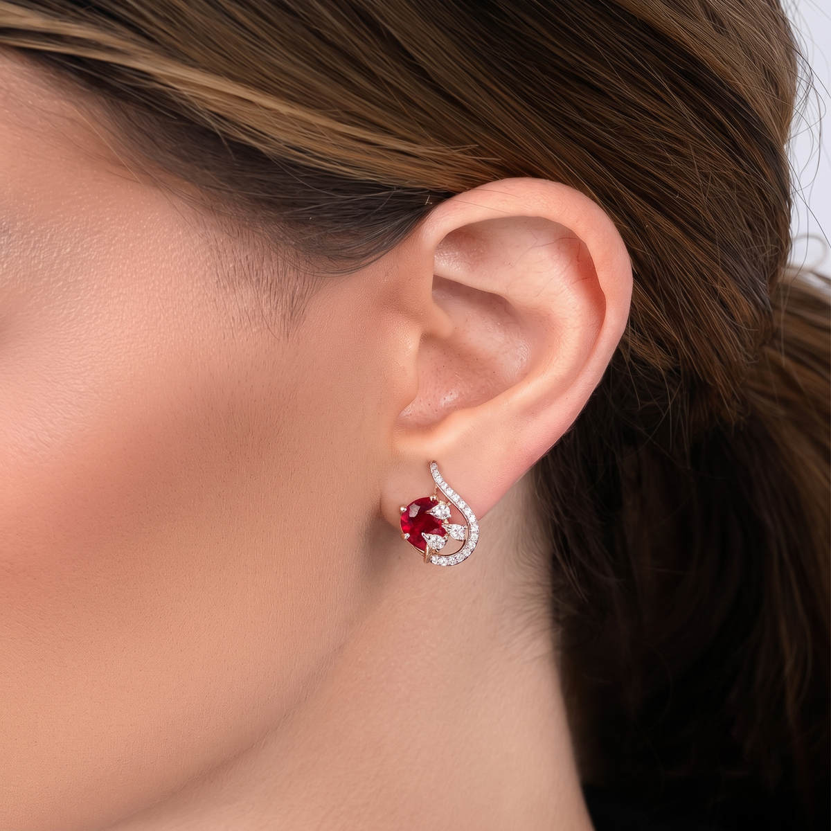 Elegant Ruby Red Diamond Curve Earrings